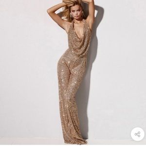 Nookie rose gold cowl neck sequin halter jumpsuit- like new